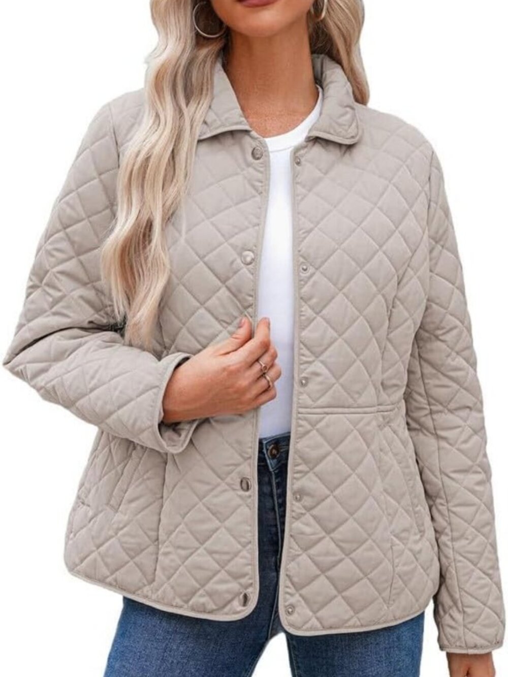 Cozy Women's Winter Quilted Puffer Jacket with Pockets, Long Sleeve, Button Down